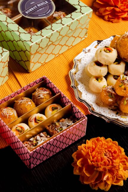 Assorted Mithai Remix gift boxes filled with traditional Indian Diwali sweets.