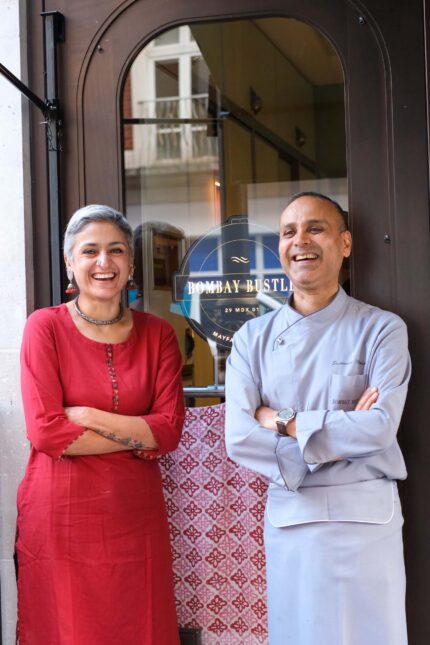 Chetna Makan and Surender Mohan at Bombay Bustle Indian restaurant in Mayfair London.