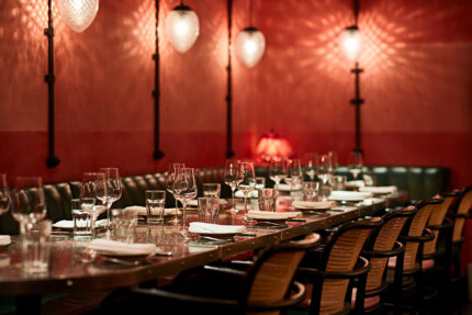 Standing bar reception event space inside Bombay Bustle Indian restaurant near Oxford Circus.