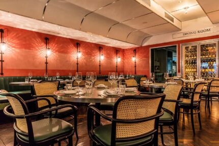 Vibrant group event layout in The Dining Room at Bombay Bustle on Maddox Street Mayfair.