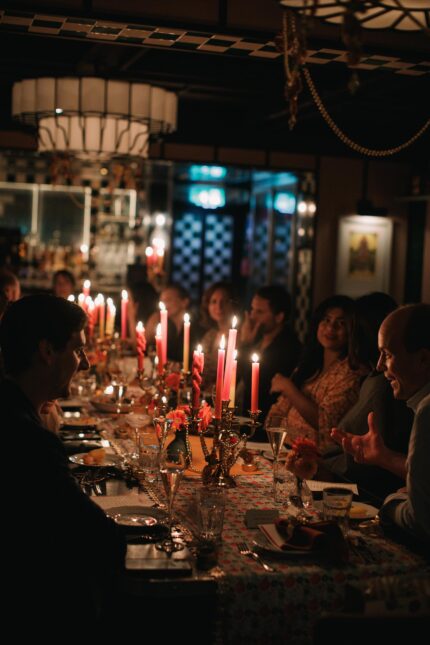 Guests celebrating New Year's Eve in the festive dining room at Bombay Bustle Mayfair.