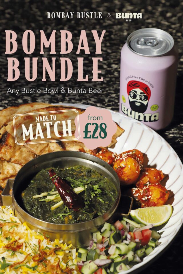 The Bombay Bundle promotion featuring a signature Indian curry Bustle Bowl paired with a can of Bunta Beer at Bombay Bustle in Oxford Circus.
